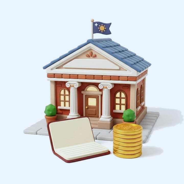A small bank building with columns, a savings passbook and a coin stack beside it
