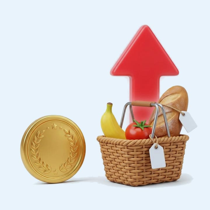 A single gold coin beside a grocery basket holding only a few items, with a red arrow rising behind it