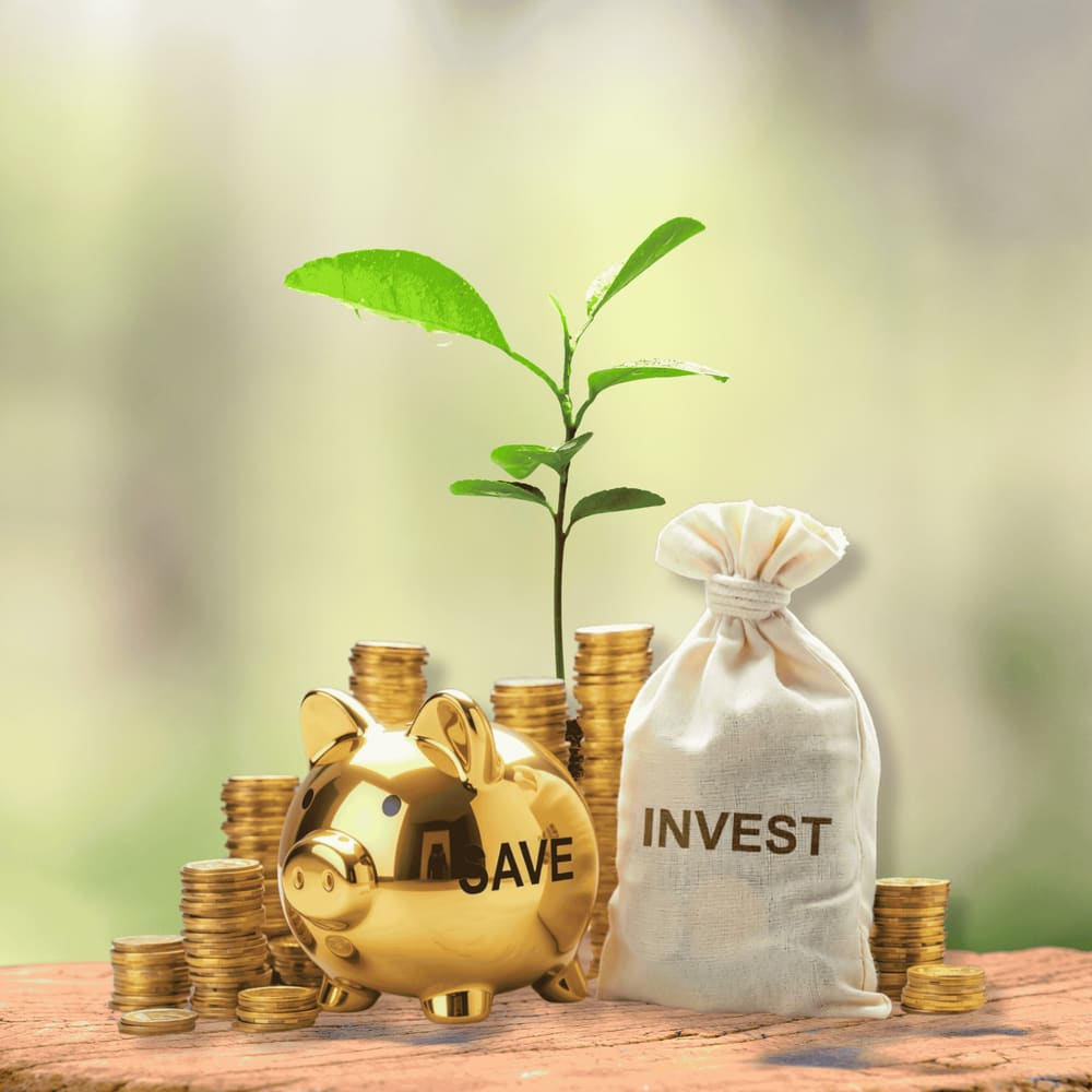 Golden piggy bank with investment growth coins